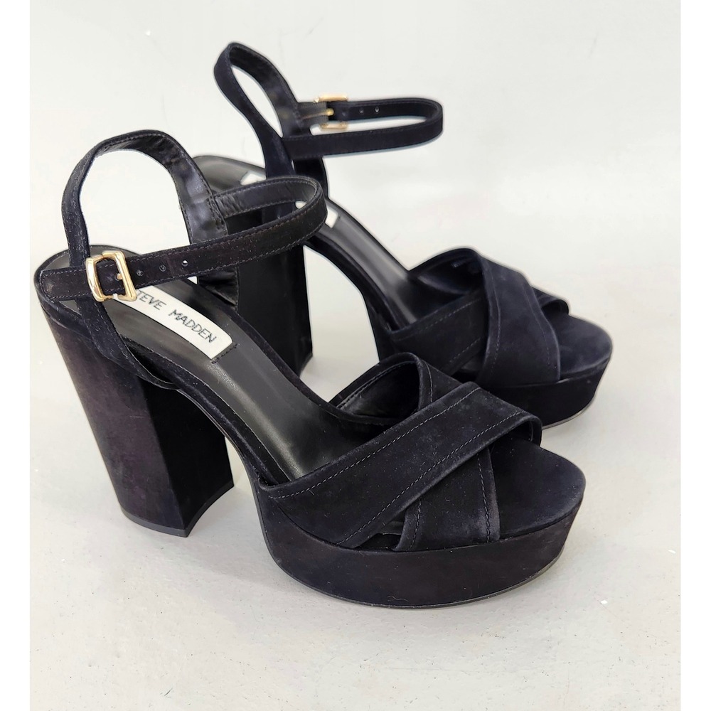 Steve Madden Nessa Platform Sandals Womens 8.5 Black Suede Block Heel Strappy